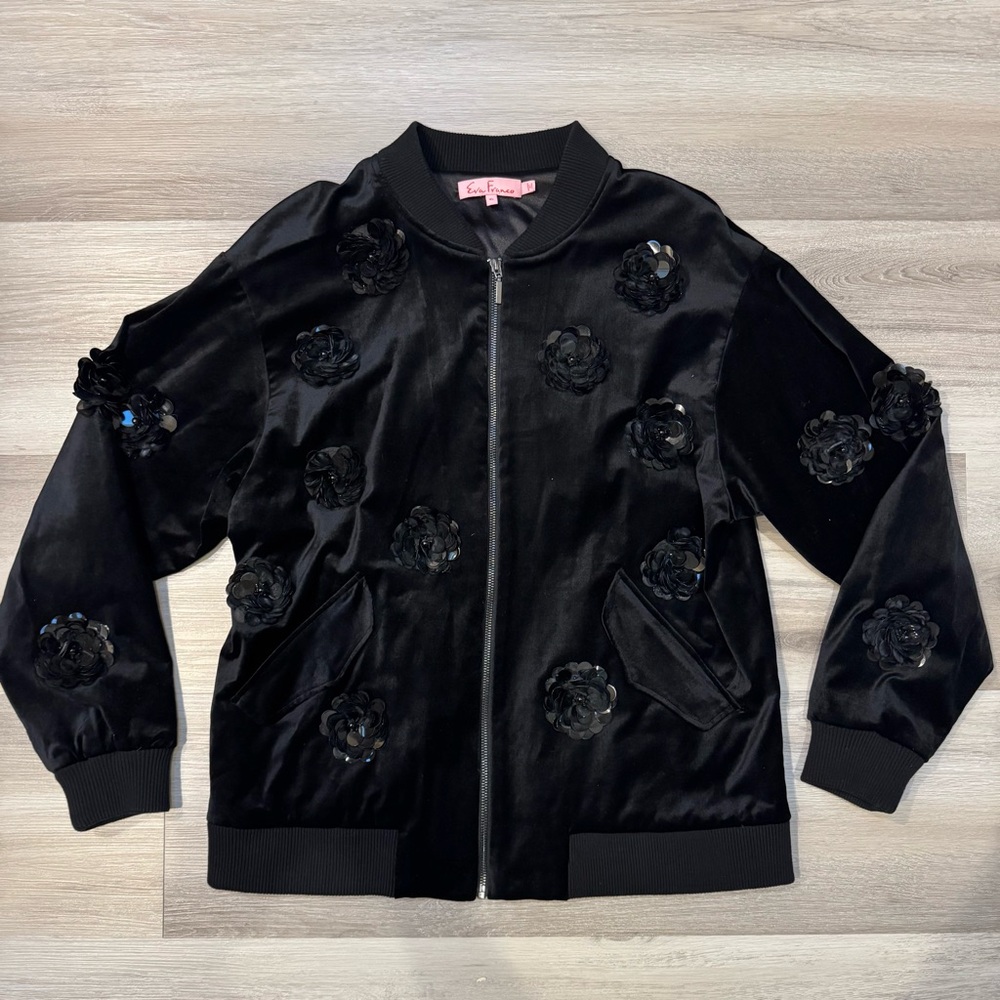 Anthropologie Eva Franco Bomber Jacket Black Sequin Flower Women’s XL